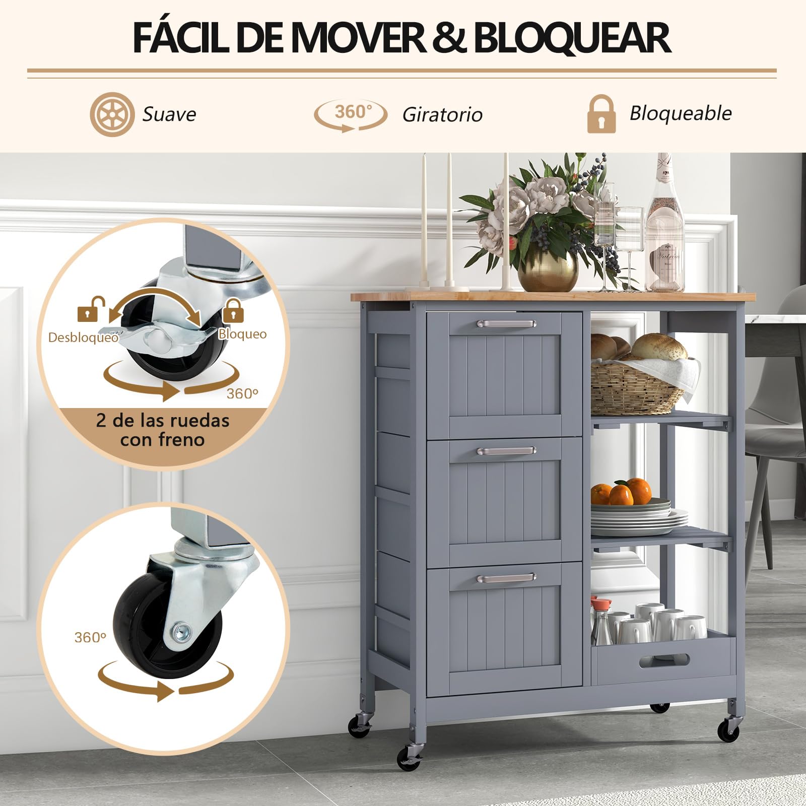 COSTWAY Carrito de Cocina con Ruedas Bloqueables, Carrito de Servicio Multiuso con 2 Estantes Abiertos y 3 Cajones, Bandeja Extraíble, Carro Auxiliar de Madera para Cocina y Comedor (Gris)