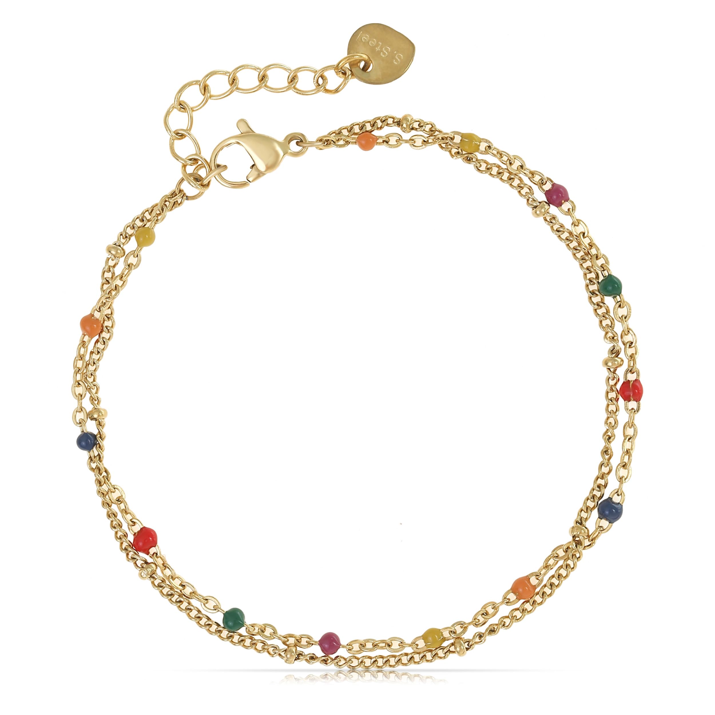 Made by NamiPulsera doble para mujer, oro de acero inoxidable, con perlas de colores, 20 + 5 cm de longitud, resistente al agua, joya Chakra