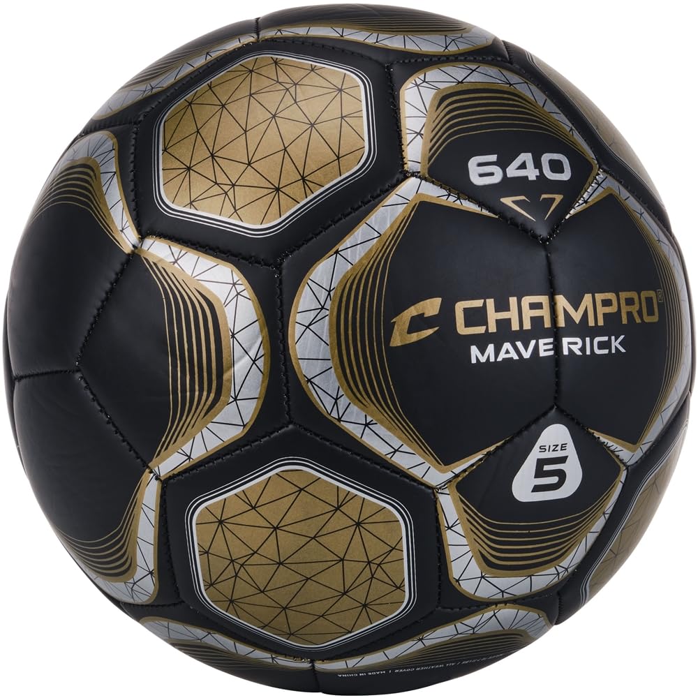 Champro Maverick - Balón de fútbol, Talla 4, Negro, Dorado Vegas