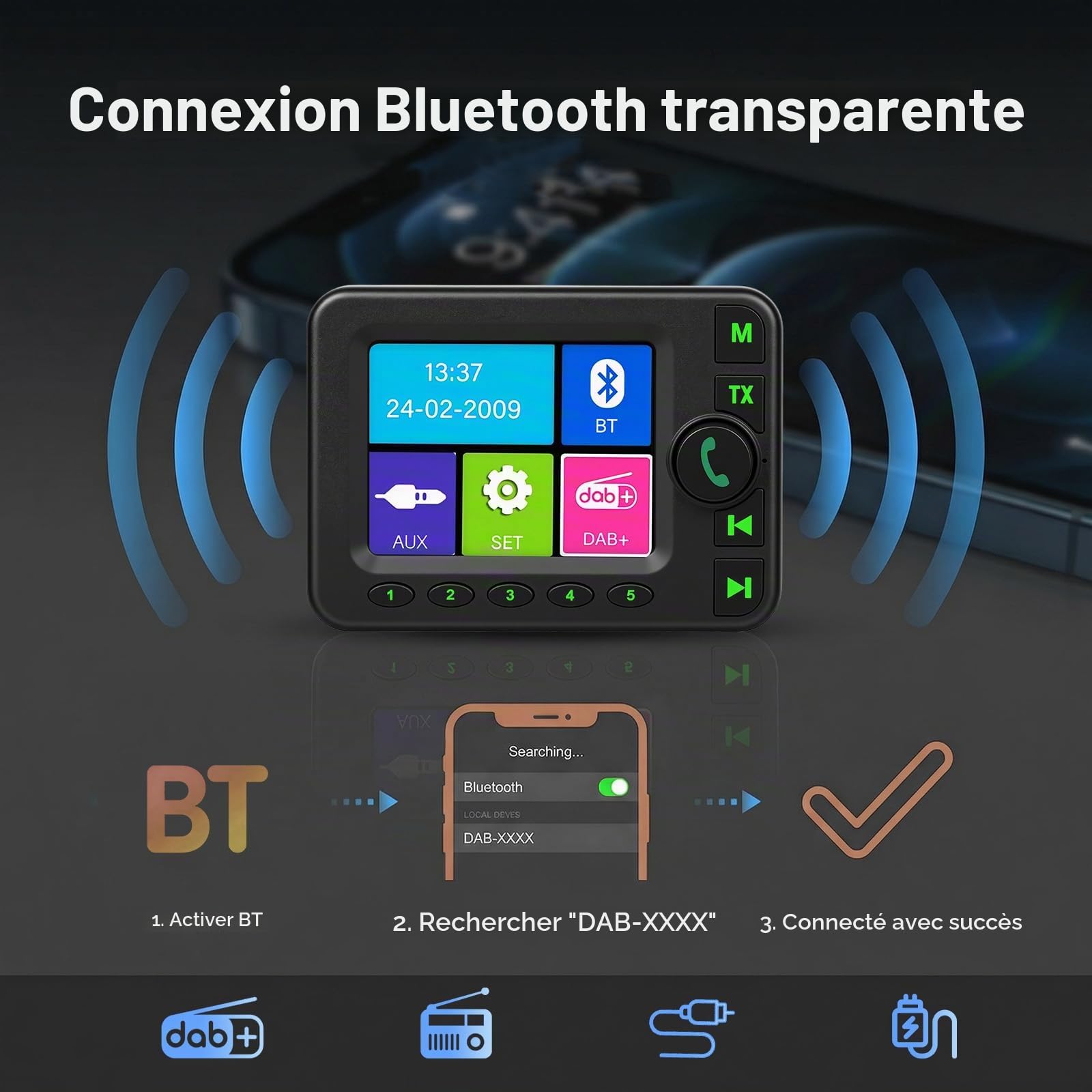 Adaptateur Dab Dab+ pour autoradio avec Bluetooth, transmetteur FM