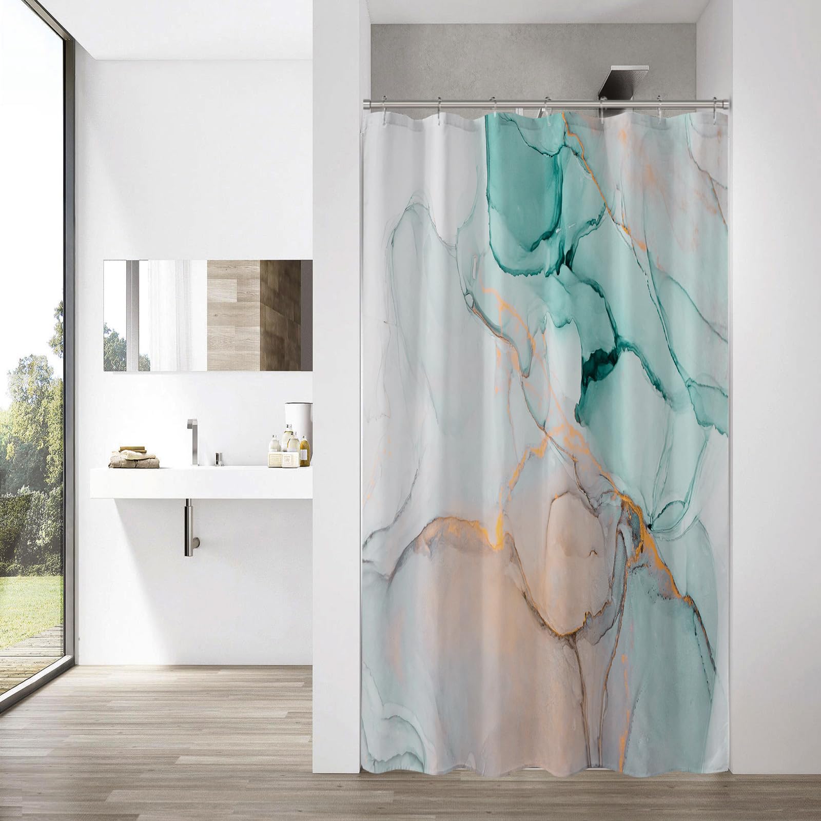 Gibelle Small Stall Shower Curtain 36 x 72, Narrow Half Abstract Grey Teal Marble Shower Curtain, Modern Ink Art Waterproof Fabric Shower Curtain Set