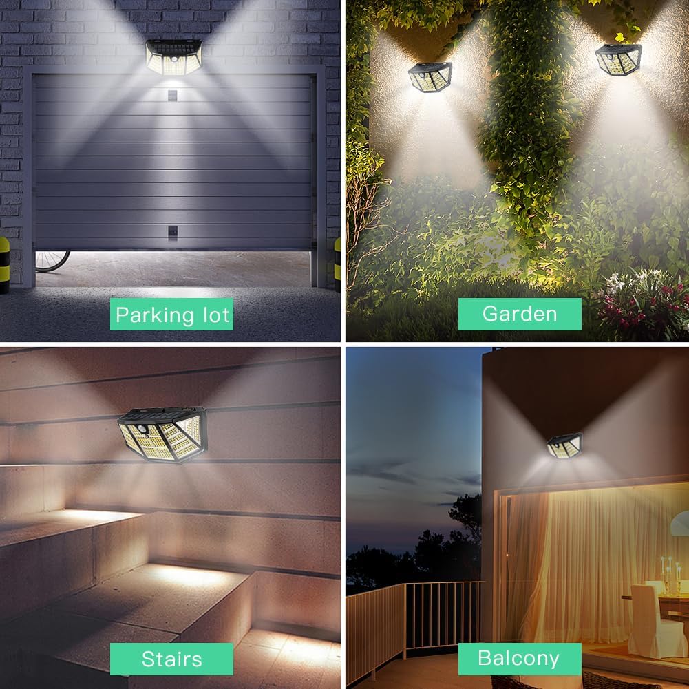 2Pack Solar Light Outdoor 310LED Sensor Lights, IP67 Waterproof 3Light Modes -Upgraded High-Brightness Motion Sensor Wall Lights for Garden, Wall, Parking Lot,Hallyway