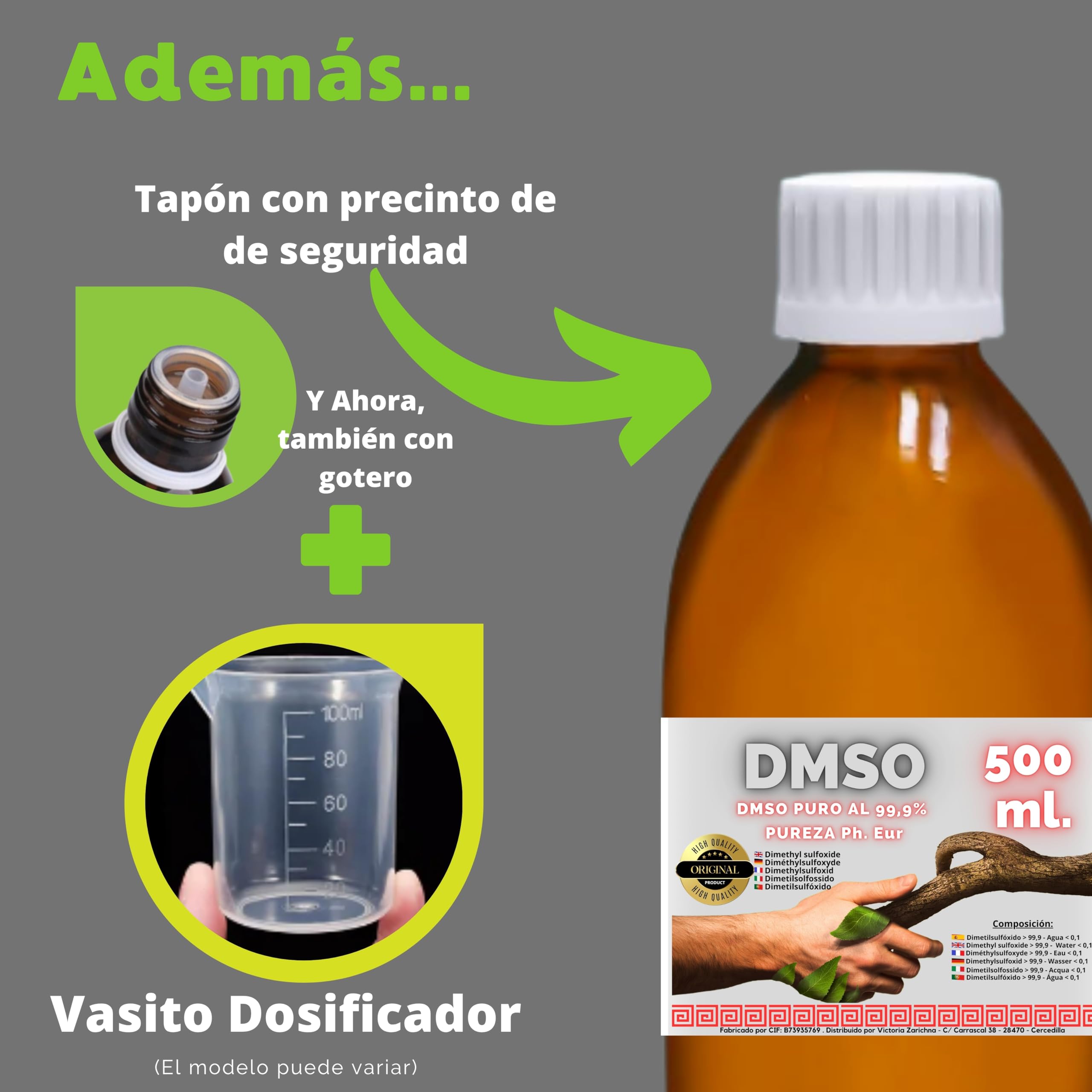 DMSO 500 ml. 99,9% Pureza Con Gotero | Dimetilsulfóxido Calidad Ph Eur | Regalo Frasco125ml + Difusor + Vasito Dosificador | Frascos Ámbar de Laboratorio | Precinto de Seguridad