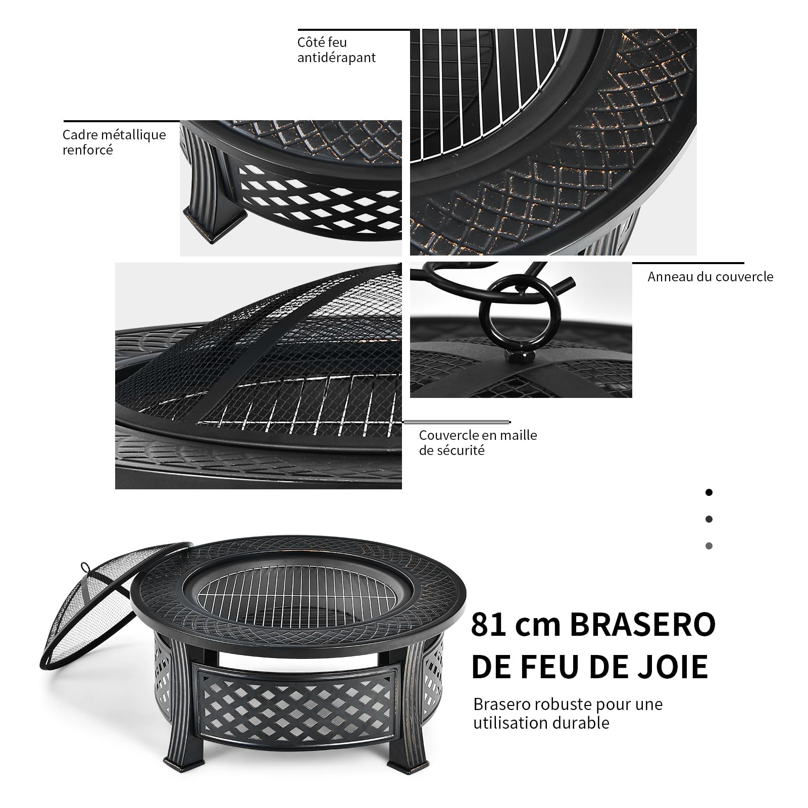 COSTWAY Brasero Rond 81 cm 3-en-1 Acier Résistant Haute Température