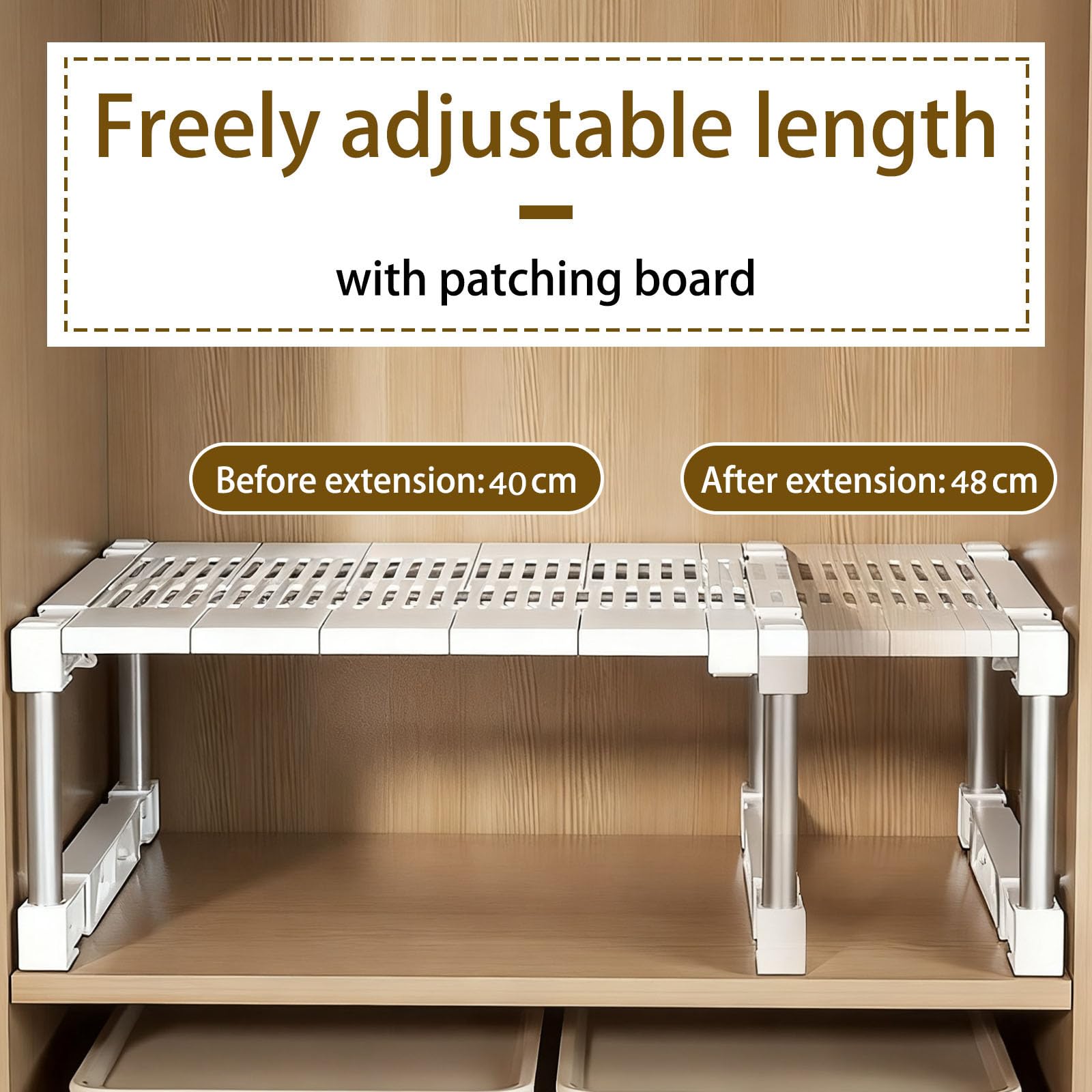 Erweiterbares Schrankregal, stapelbar, Küche, robuste Arbeitsplatte, Erhöhung für Speisekammer, Lagerung, verstellbares weißes Regal, L 40–48 cm, H 28 cm, B 35–45 cm
