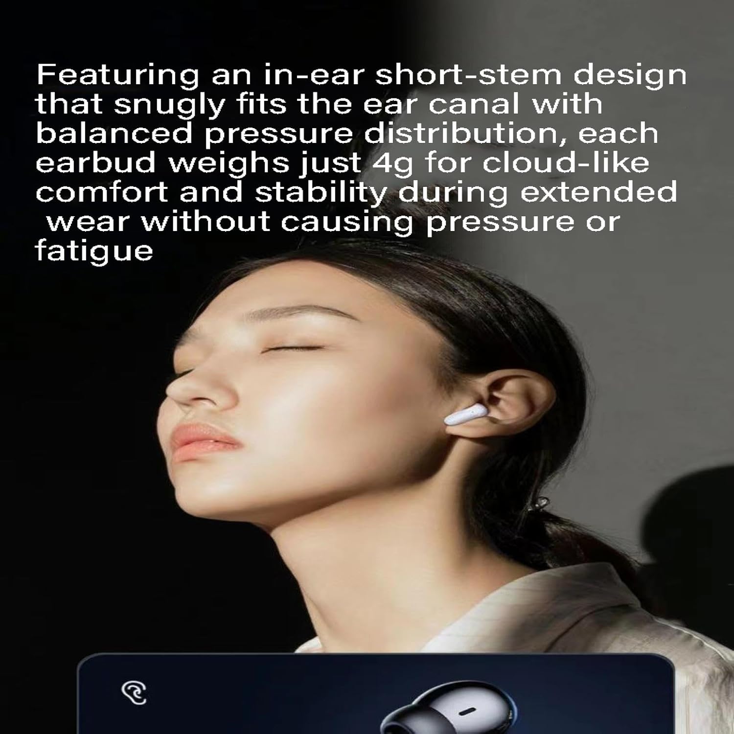 A person wearing an S90 earbud, highlighting the comfortable and stable in-ear design.