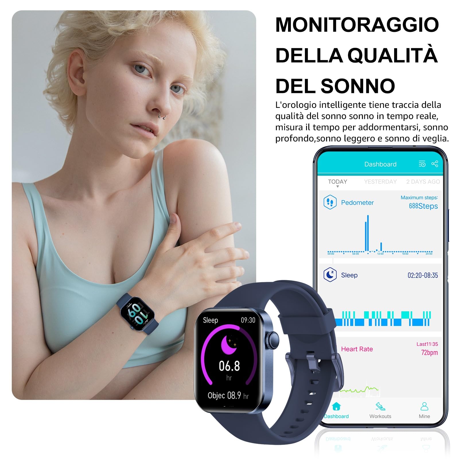 Smartwatch Uomo Donna, 1.85" Orologio Smartwatch con Effettua/Risposta Chiamate, 140 Sportive Smart Watch con Contapassi/Sonno/Cardiofrequenzimetro/SpO2, Impermeabil IP68 Smartband per Android iOS