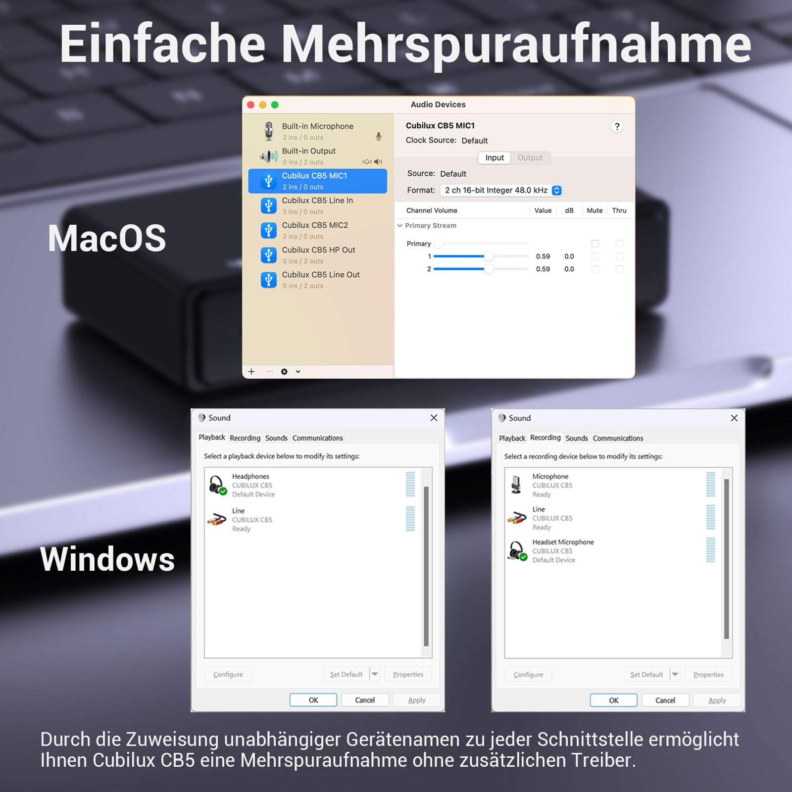 Cubilux CB5 USB Audiointerface, USB zu 3,5 mm Soundkarte mit Stereo Mikrofoneingang, Line In, Line Out, Kopfhörerausgang, für Recording, Streaming, Podcast, Windows, Mac OS