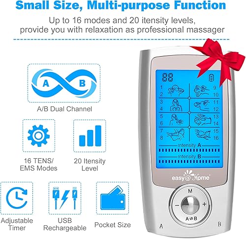 Miniatura 2 de EasyHome Unidad TENS recargable + estimulador muscular EMS, 2 canales independientes, 20 niveles de intensidad, 8 tipos de masaje+16 modos,