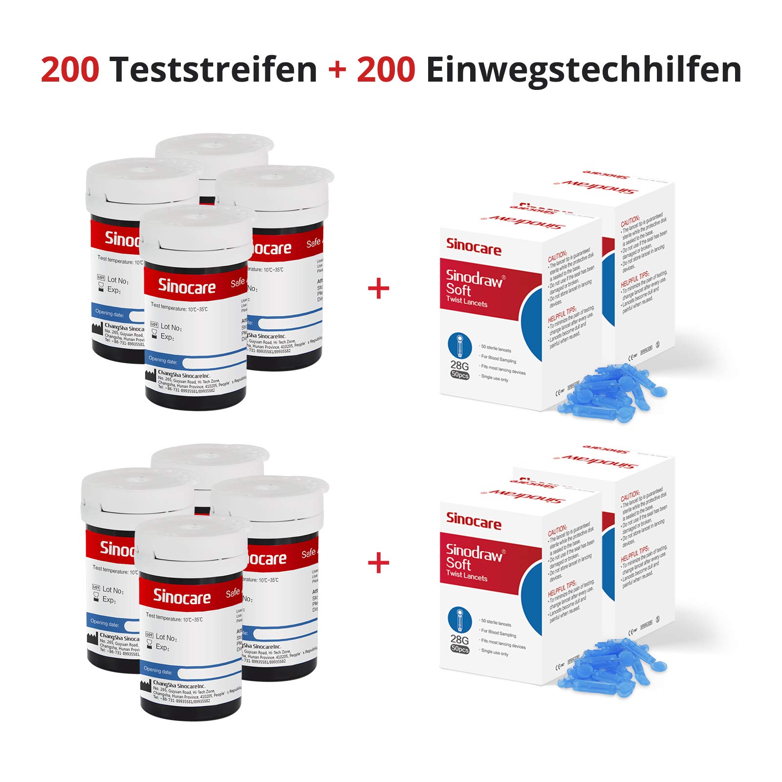 sinocare Blutzuckerteststreifen 200, Teststreifen Blutzucker nur für Safe AQ Smart Glucose Monitor Blutzuckermessung(Teststreifen x 200)