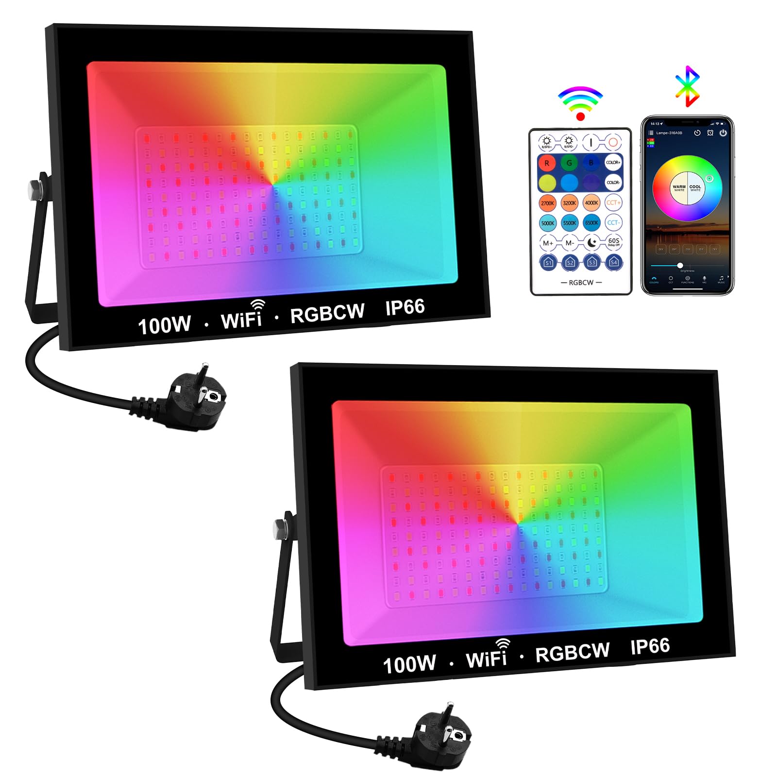 LED Strahler Außen RGB 100W, T-SUNUS RGB Strahler Outdoor WIFI mit Fernbedienung Bluetooth APP, IP66 Wasserdicht Flutlichtstrahler für Garten Party Halloween Weihnachten