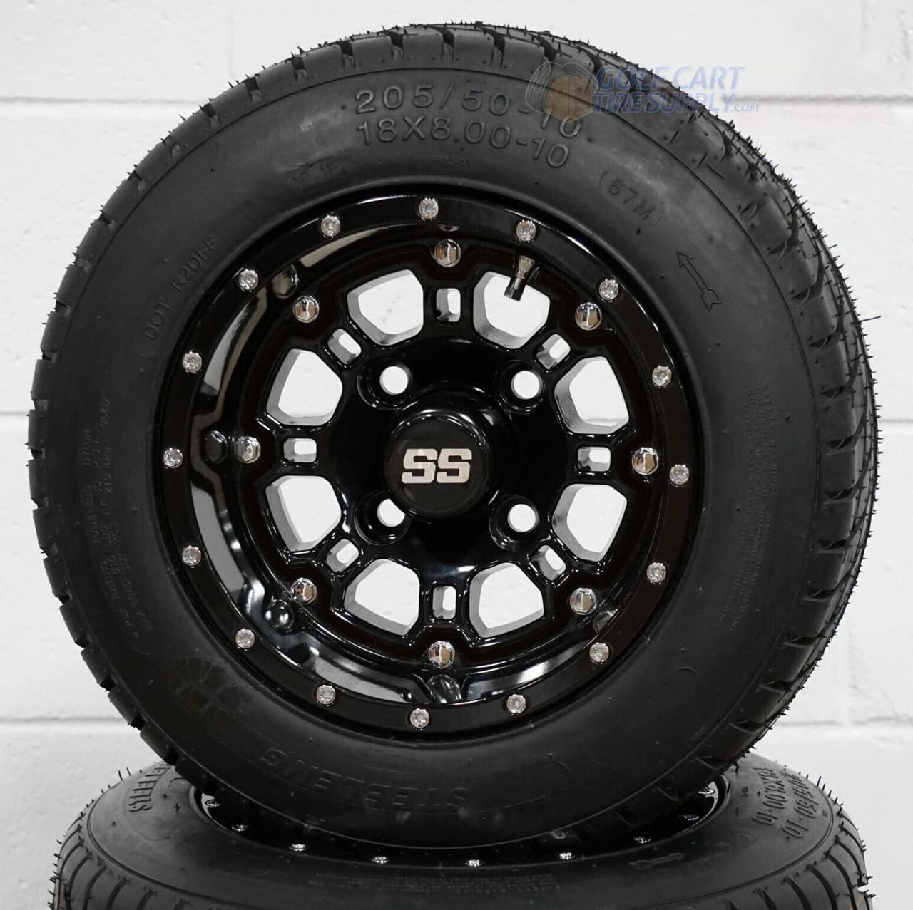 10" Panther Gloss Black Golf Cart Wheels and 205/50-10" Low Profile DOT Tires - Set of 4 (Standard Lugs (1/2 x 20))
