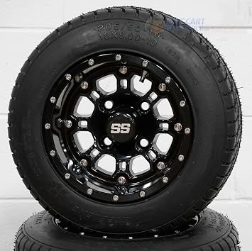 10" Panther Gloss Black Golf Cart Wheels and 205/50-10" Low Profile DOT Tires - Set of 4 Standard Lugs 1/2 x 20