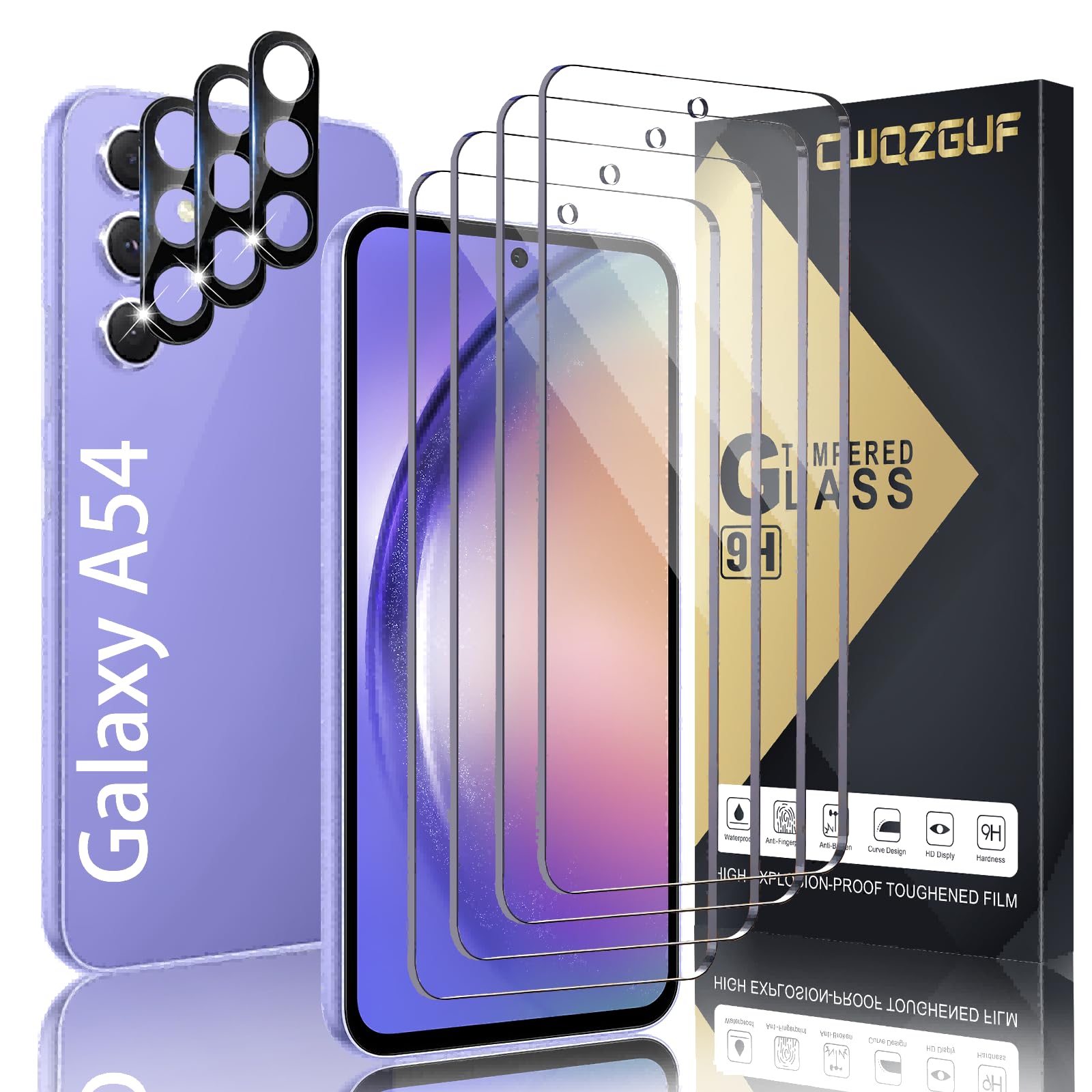 [4+3 Pack Screen Protector Compatible with Galaxy A54 5G, 4 Tempered Glass with 3 Camera Lens Protectors, High Clarity, Anti-Shatter, Bubble Free