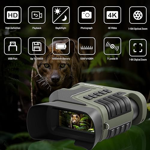 Miniatura 2 de WOSPORTS Gafas de visión nocturna 4K, zoom óptico de 10X y digital de 8X, rango infrarrojo de 1315 pies, batería recargable de 5000 mAh, IPX