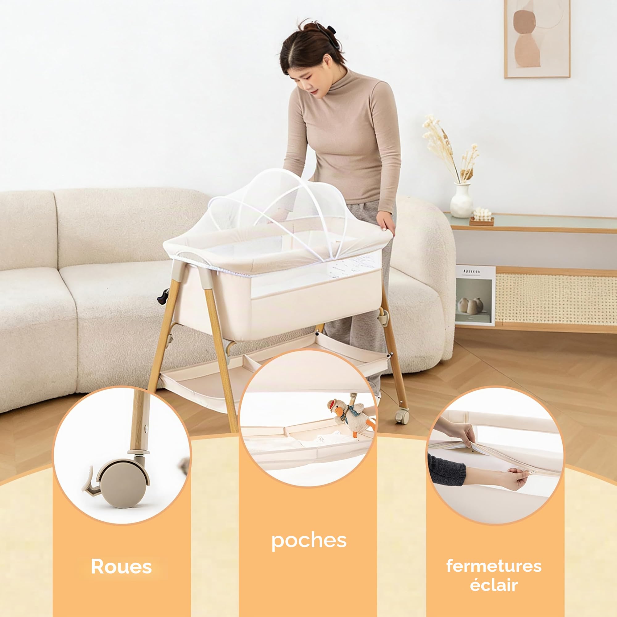 Lit Parapluie Bebe, Lit Cododo avec Matelas, Moustiquaire, Sac De Rangement, Roues Bloquables & Sangles-it pour Bebe pour 0-6 Mois,Jusqu'à 9kg-Bois Foncé