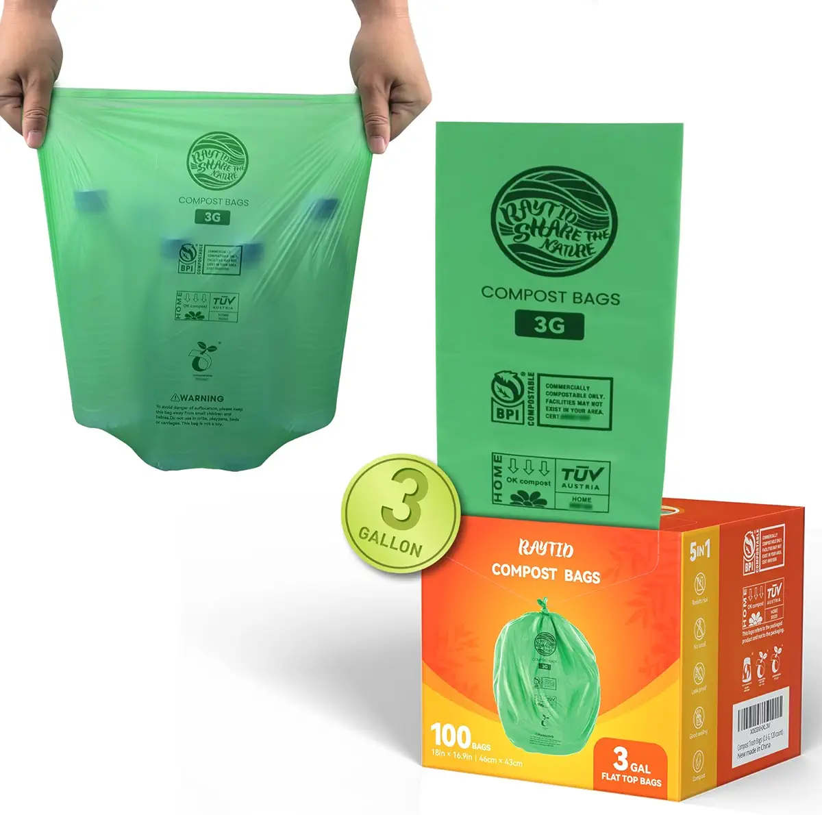 RAYTID Compostable Trash Bags, 3 Gallon,compost bags for countertop bin,Food Scrap Small Kitchen Trash Bags, US BPI and Europe OK Compost Home Certified, 100 Count