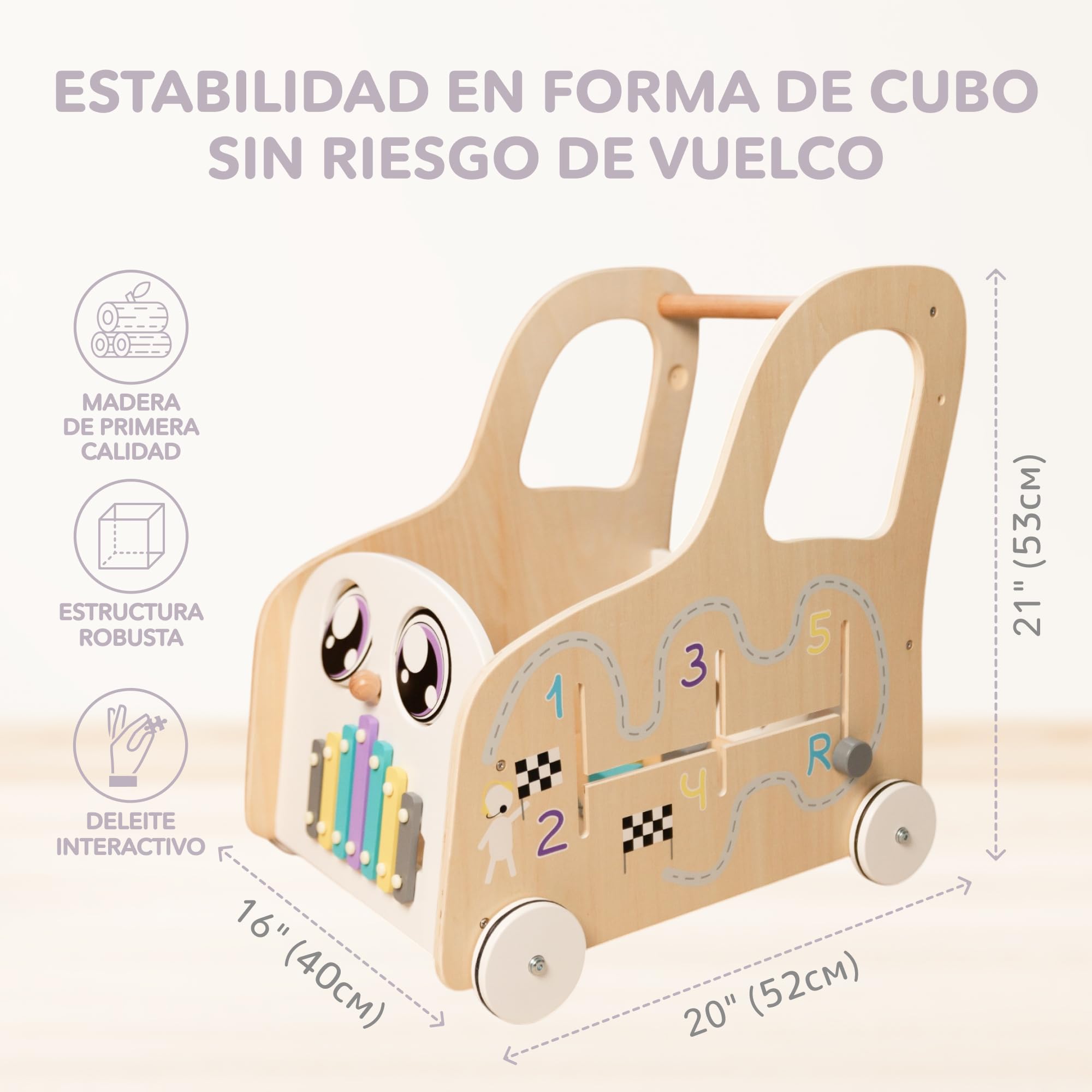 Carrito de Madera Cateam con Tablero de Actividades Montessori - Juguete de Empujar y Tirar Centro de Actividades Educativas con Almacenamiento para Juguetes - Banco de Trabajo con Ruedas