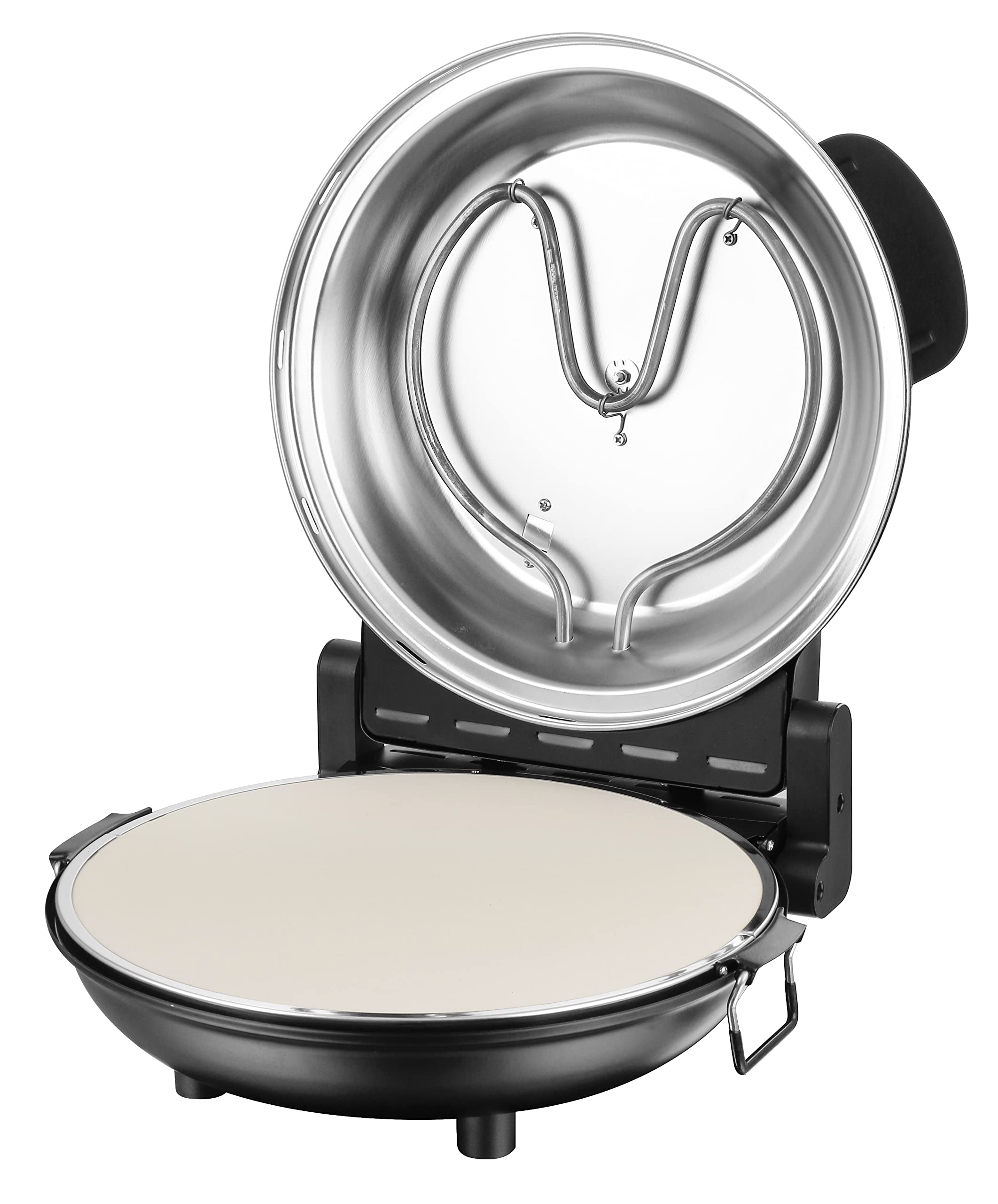 Emerio Pizzaofen, Platte aus feuerfestem Stein, backt Pizza in kurzer Zeit (auch für TK Pizza), 31.5 cm Durchmesser, 1200 Watt, Timer, BPA frei, Pizzaheber aus Edelstahl, PM-129032.2, Schwarz