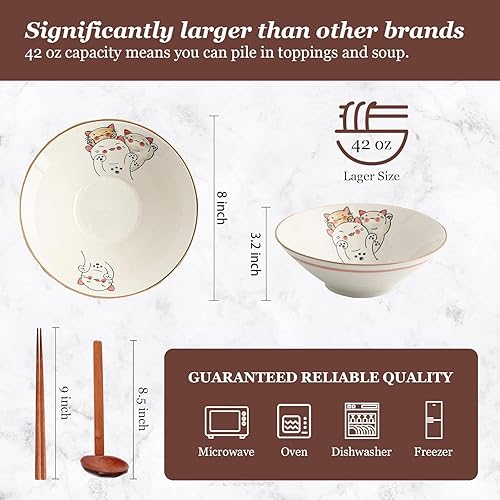 Miniatura 3 de NJCHARMS Tazón de sopa de fideos de ramen japonés de cerámica, 2 juegos (6 piezas) de 42 onzas, con cuchara y palillos a juego para fideos asiáticos