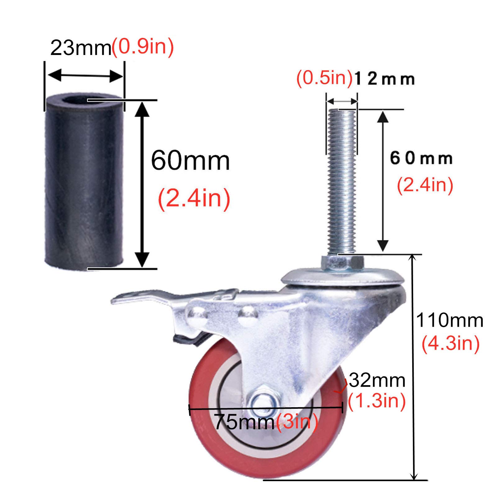 Ruote girevoli con Tubo Tondo, Ruote girevoli con Gambo per impieghi gravosi con Freno, Ruote girevoli in Poliuretano, Ruote per Ripiani di mobili, carrelli da banco, bulloni a Vite M12x60mm