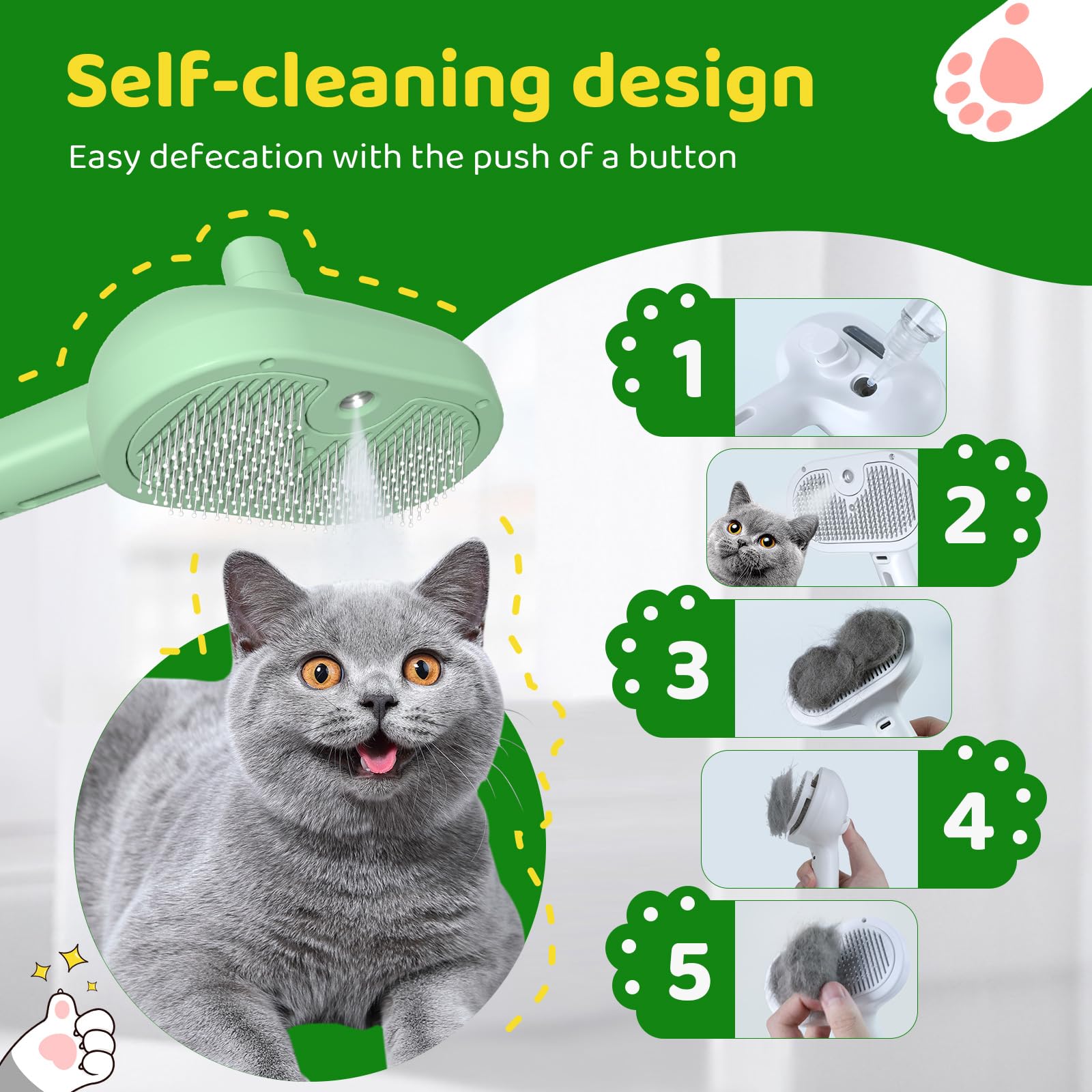 Steam Brush for Cat Grooming and Shedding - Self-Cleaning, Anti-Static Pet Brush for Long and Short Hair with Release Button (Green) - Image 3