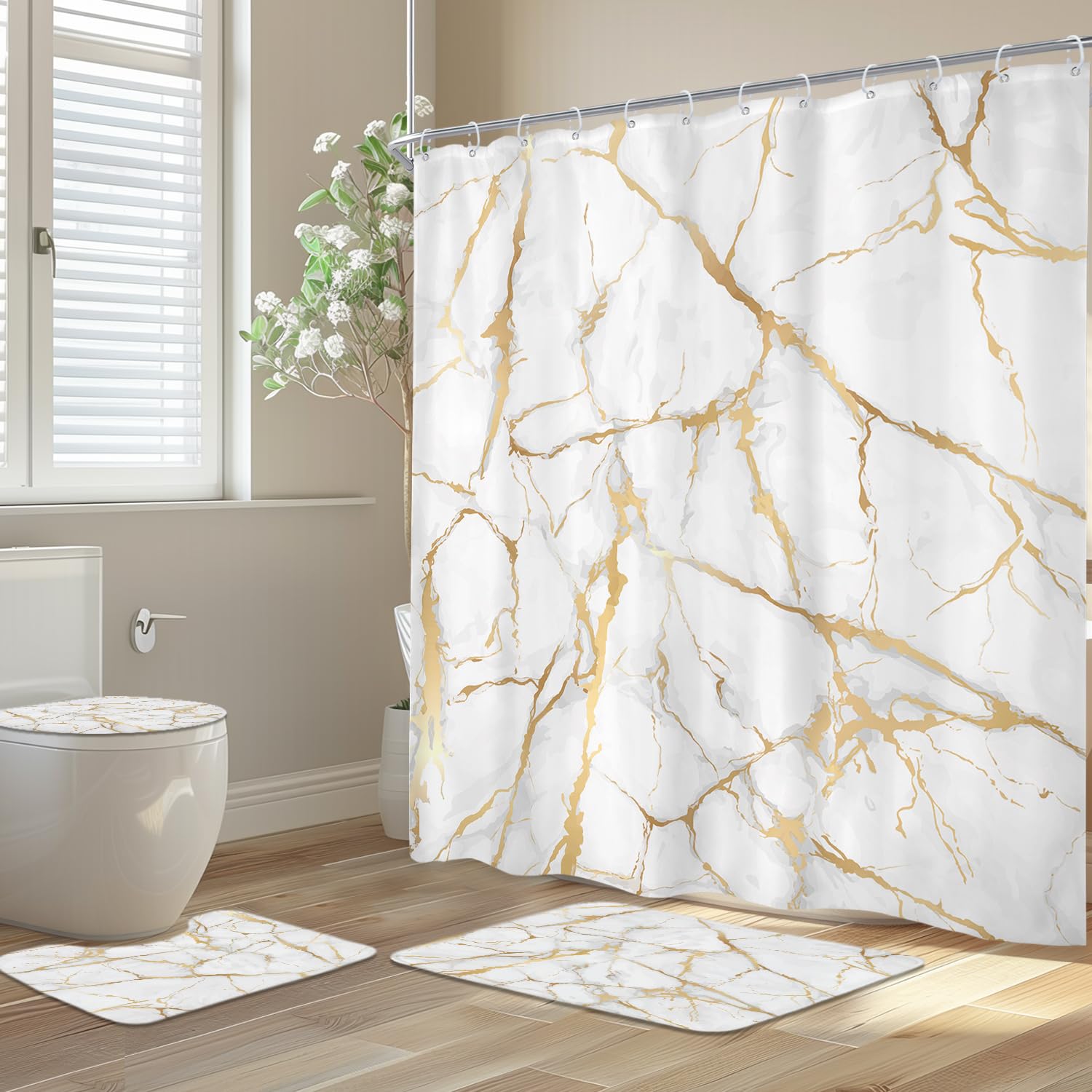 Newsely 4Pcs White and Gold Marble Shower Curtain Set With Non-Slip Rugs, Toilet Lid Cover and Bath Mat, Abstract Modern Crack Line Shower Curtain With 12 Hooks, Luxury Bath Curtain for Bathroom Decor