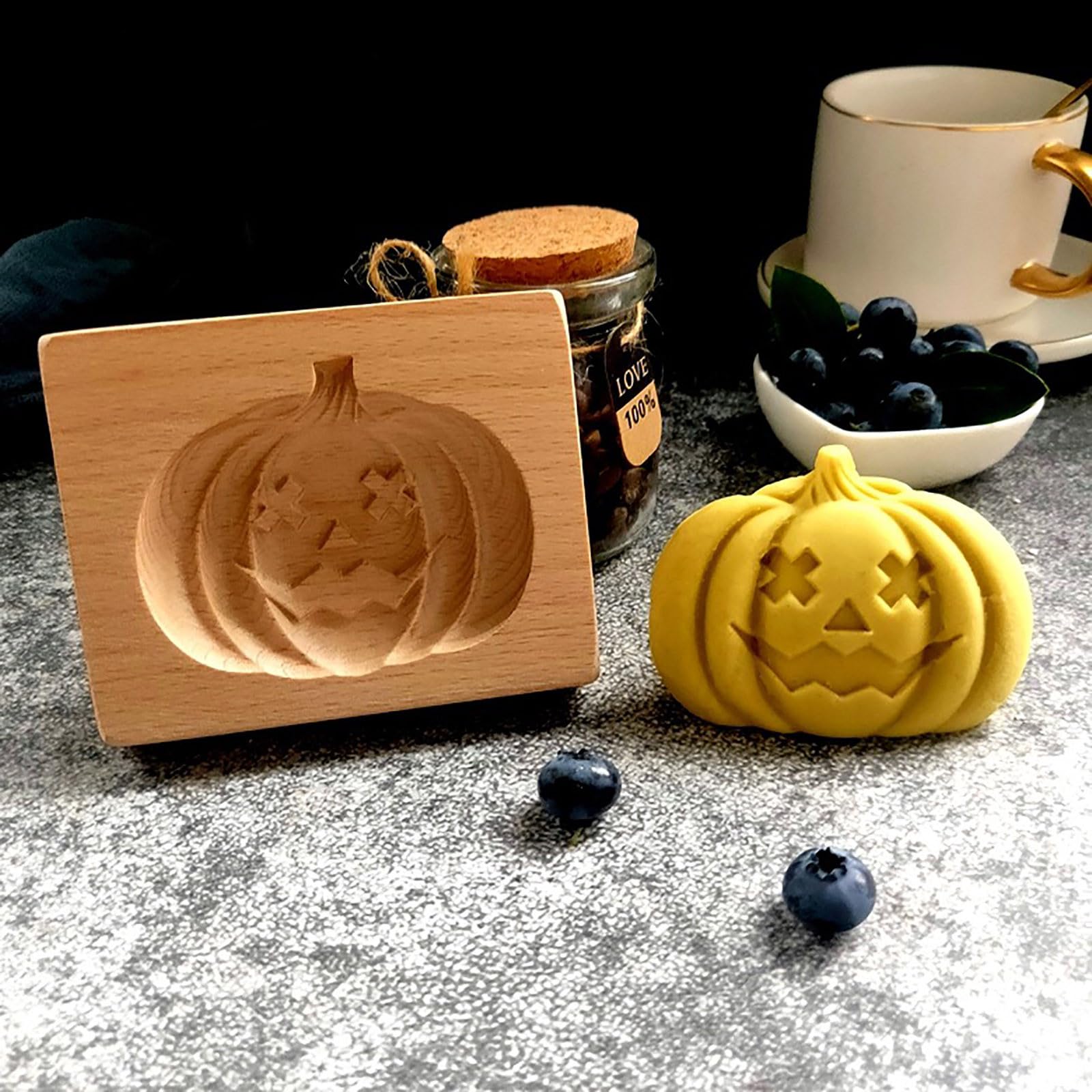 Wooden Cookie Moulds Pumpkin Shape | 3D Carved Halloween Biscuit Press Stamp for Baking, Spooky DIY Gingerbread Shortbread Shapes, Reusable Cute Cutter for Christmas Halloween Party Treats (Pumpkin)