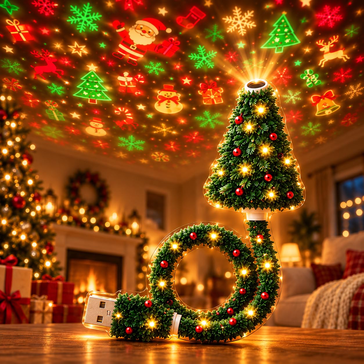 Christmas Projector Lights Indoor USB Plug and Play Holiday HD Night Light
