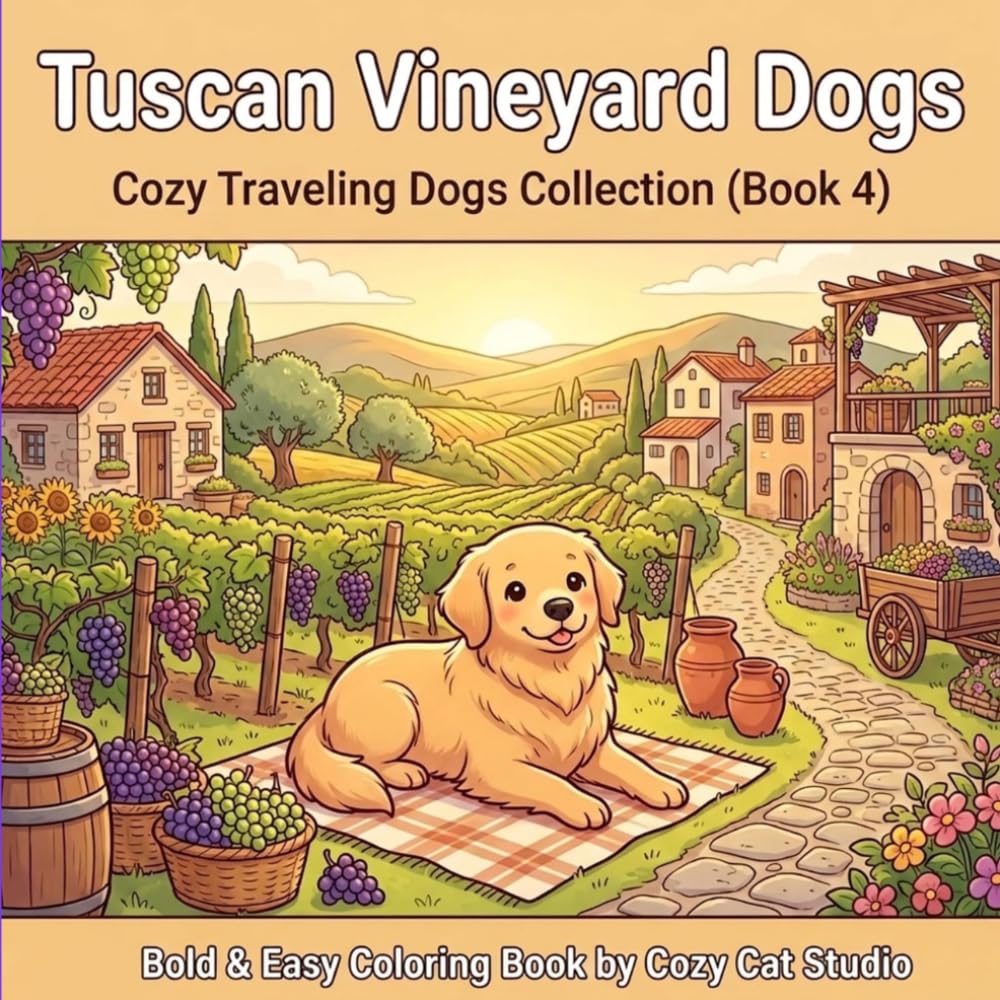 Tuscan Vineyard Dogs: Bold & Easy Coloring Book for Adults Featuring Adorable Golden Retrievers in Scenic Italian Vineyards (Cozy Dog Universe)
