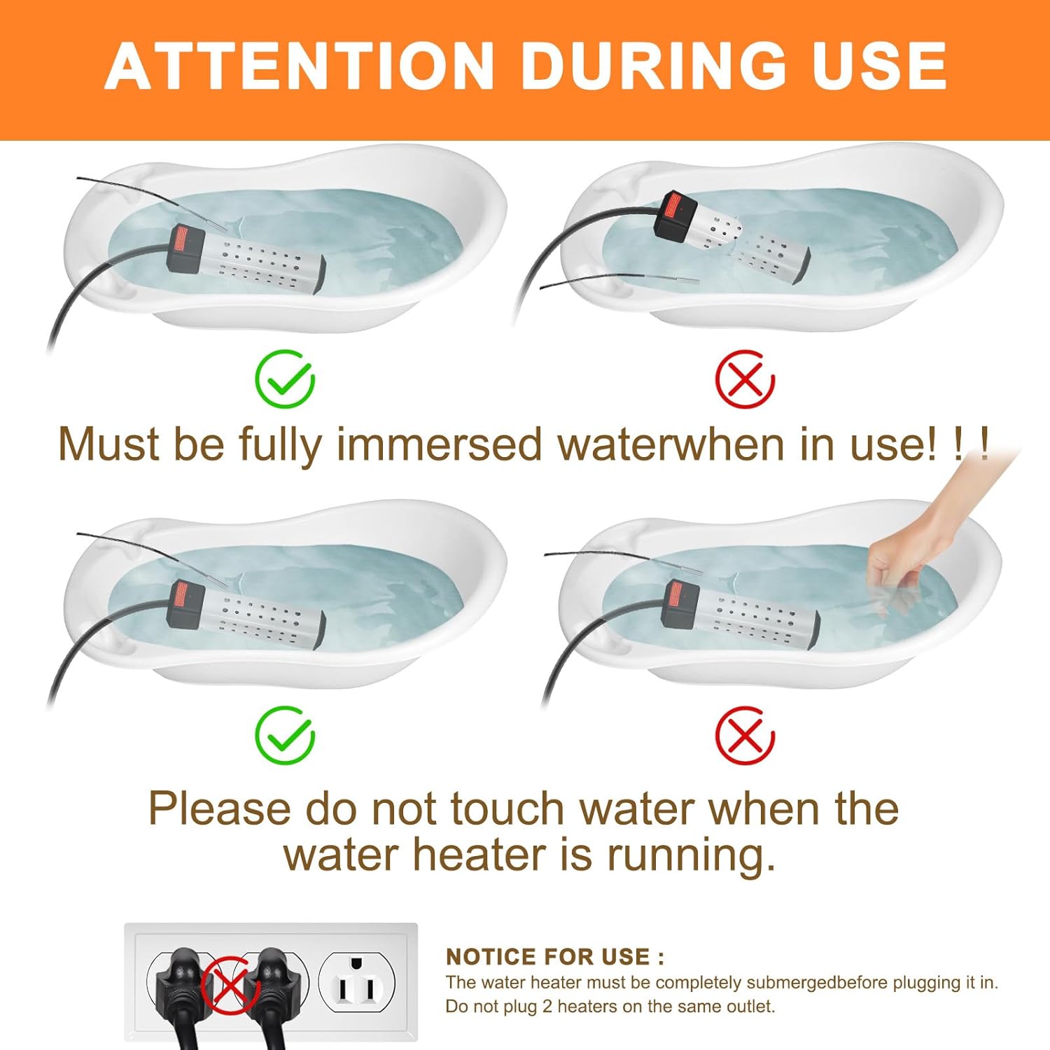 Immersion Water Heater, Water Heater Electric for Above Ground Pool Bathtub, Bucket Heater with 2000W, Water Warmer Immersion Heater 5 Gallons of Water in Minutes