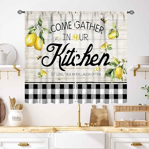 Miniatura 45 de Cortinas Rústicas de Cocina, Tenedor Cuchara Retro Tablón de Madera Granja País Tema de Cocina Citas Divertidas Tratamiento de Ventana para