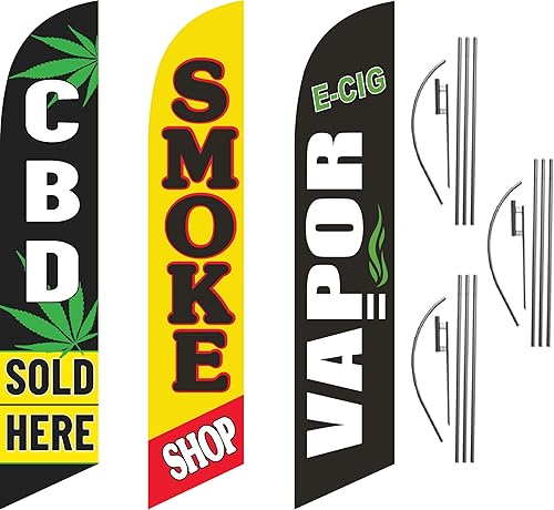 GLOBAL ADVERTISING SOLUTIONS CBD Sold Here Smoke Shop y E-Cig Vapor Feather Flag Letrero llamativo para negocios y marketing Juego completo de tres