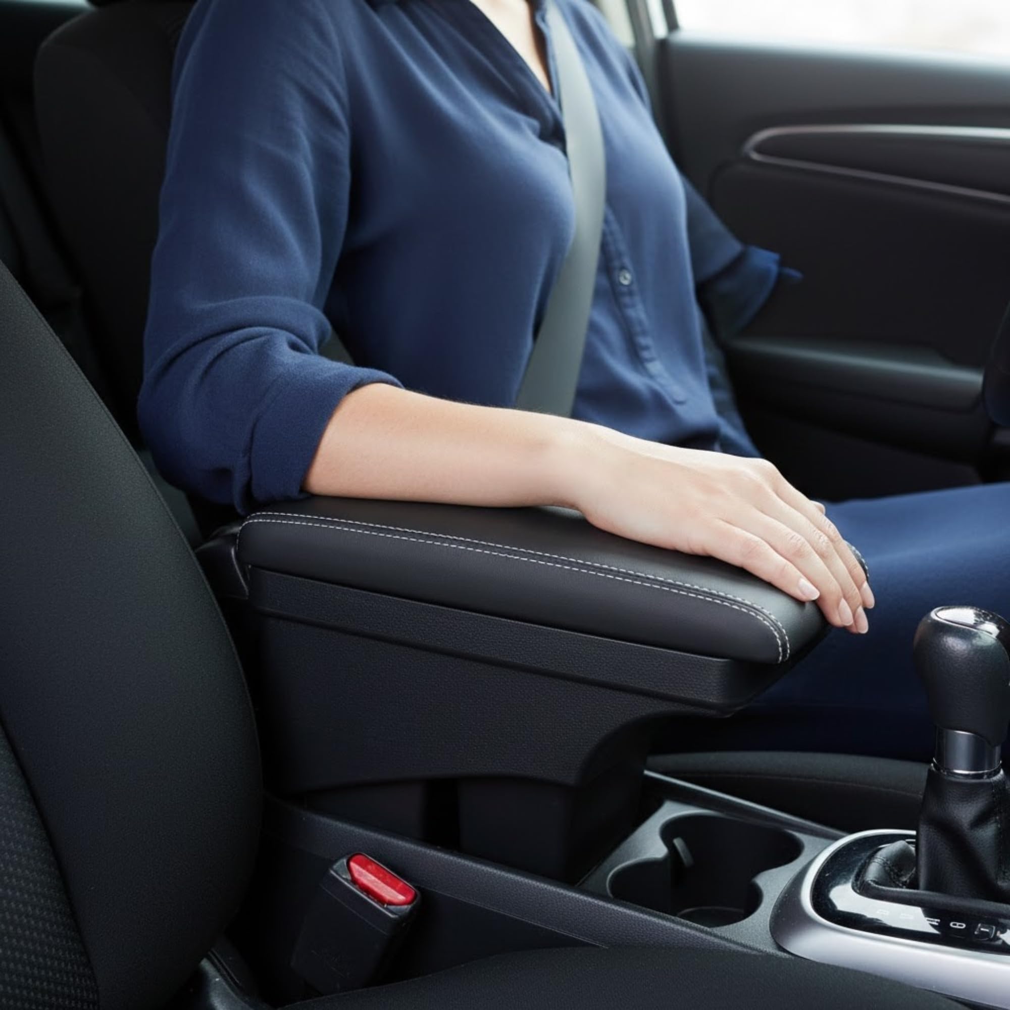 KMH Premium Armrest for Honda Jazz 2014+, WR-V Center Console Box with Hold and Storage Compartment with Cushion Pad, Scandinavian Leatherize Soft Memory Foam Support Car Arm Rest - Black Design