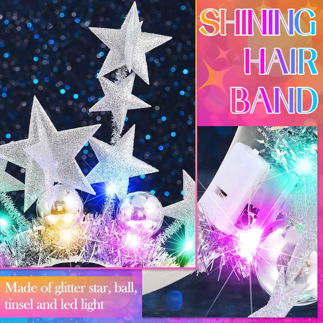CAKURE Light Up Star Headband Silver Disco Headpiece Led Ball Headbands Holiday Hair Accessories for Women (b-silver, free size) image 4