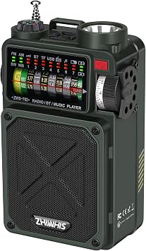 ZHIWHIS Bluetooth Speaker Disaster Preparedness Radio FM/AM/Shortwave/Wide FM Compatible Flashlight Solar/Hand Crank/USB-C Charging SOS Alert/USB Playback Compatible/MicroSD Card Compatible/32 Hours