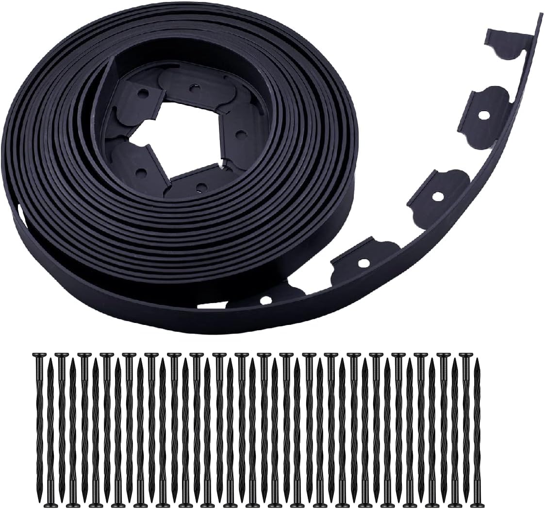 6 cm Höhe x 10 m Landschaftseinfassung mit 30 Verankerungsspießen, Gartenumrandungs-Set, Kunststoffeinfassung, Flexible Umrandung für Garten, Blumenbeete, Rasen, Hof, Pflasterstein(Schwarz, 10M)