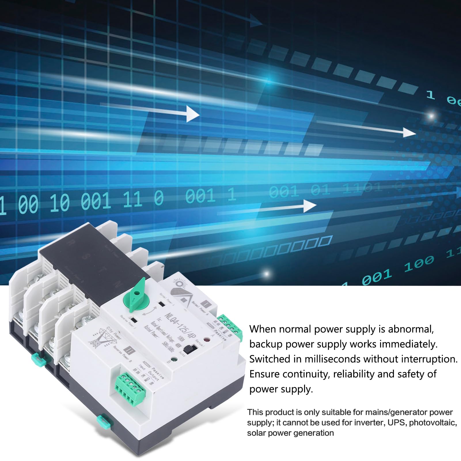 Dual Power Automatischer Transferschalter, 100A 220V 4P ATS Notstrom Umschalter Netzumschalter Automatisch Notstromumschalter Automatischer Übertragungsschalter Umschalter Netz Notstrom