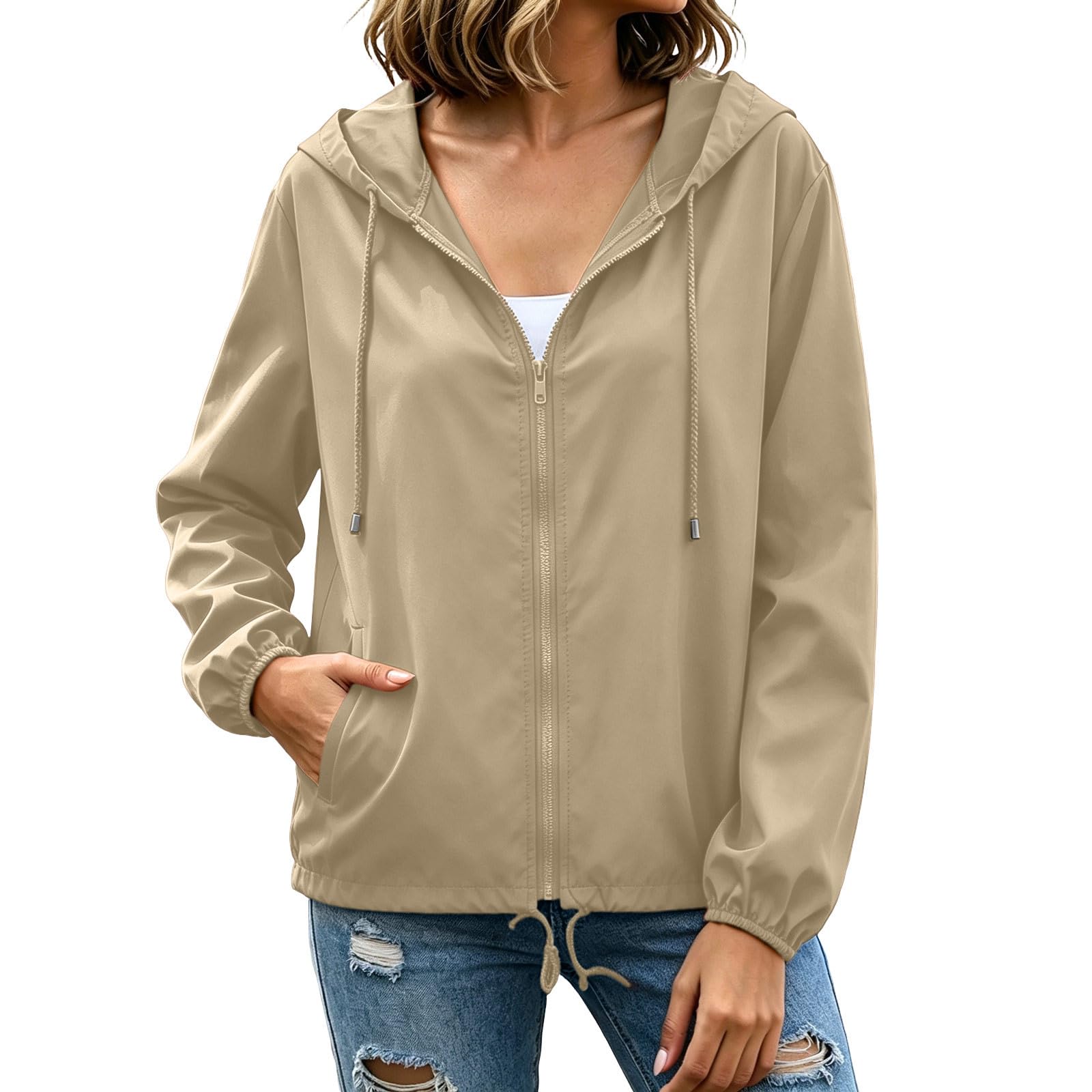 Generisch Regenjacke Damen Wasserdicht Kapuzenjacke Atmungsaktiv Übergangsjacke Trekking Windbreaker Funktionsjacke Leichte Jacke Sport Outdoorjacke Frauen Fahrrad Windjacke mit Kapuze Und Taschen