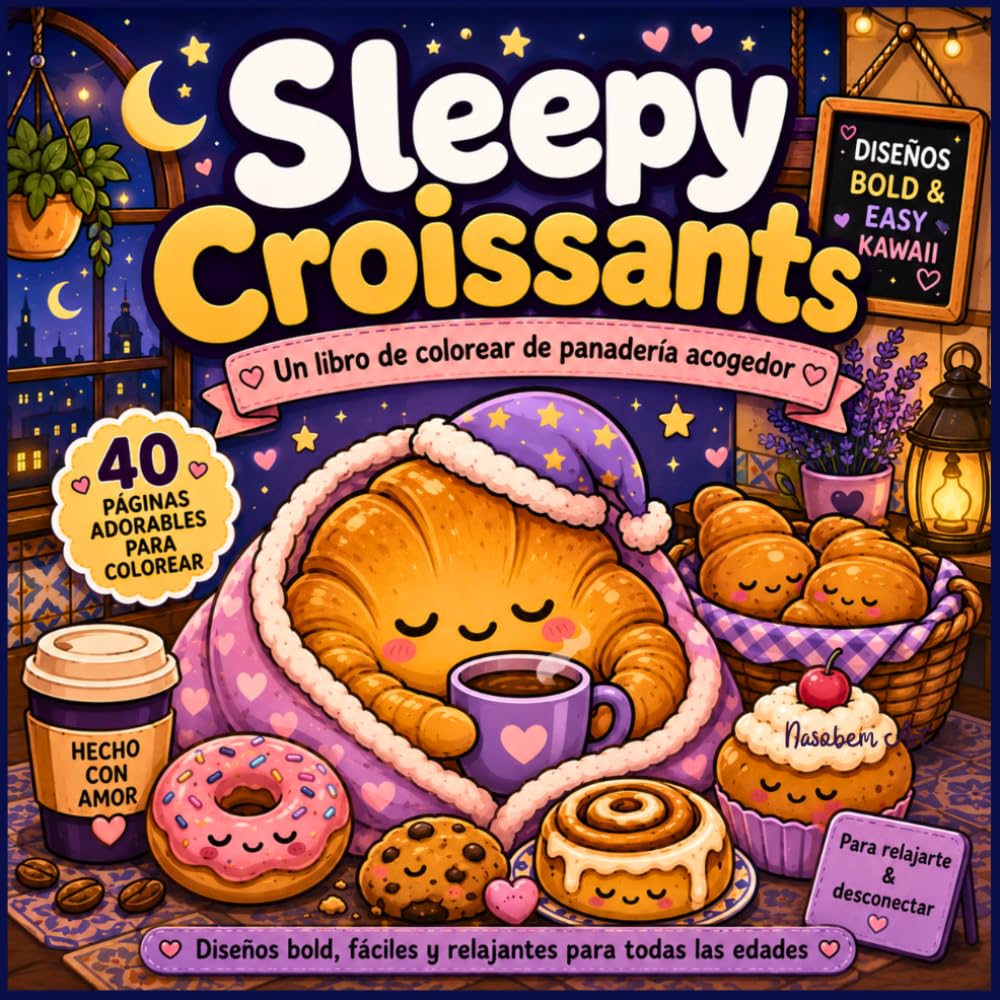 Sleepy Croissants – Un libro de colorear de panadería acogedor: Libro de colorear Bold & Easy con 40 páginas adorables de dulces pasteles adormilados, ... y niños para relajarse y aliviar el estrés