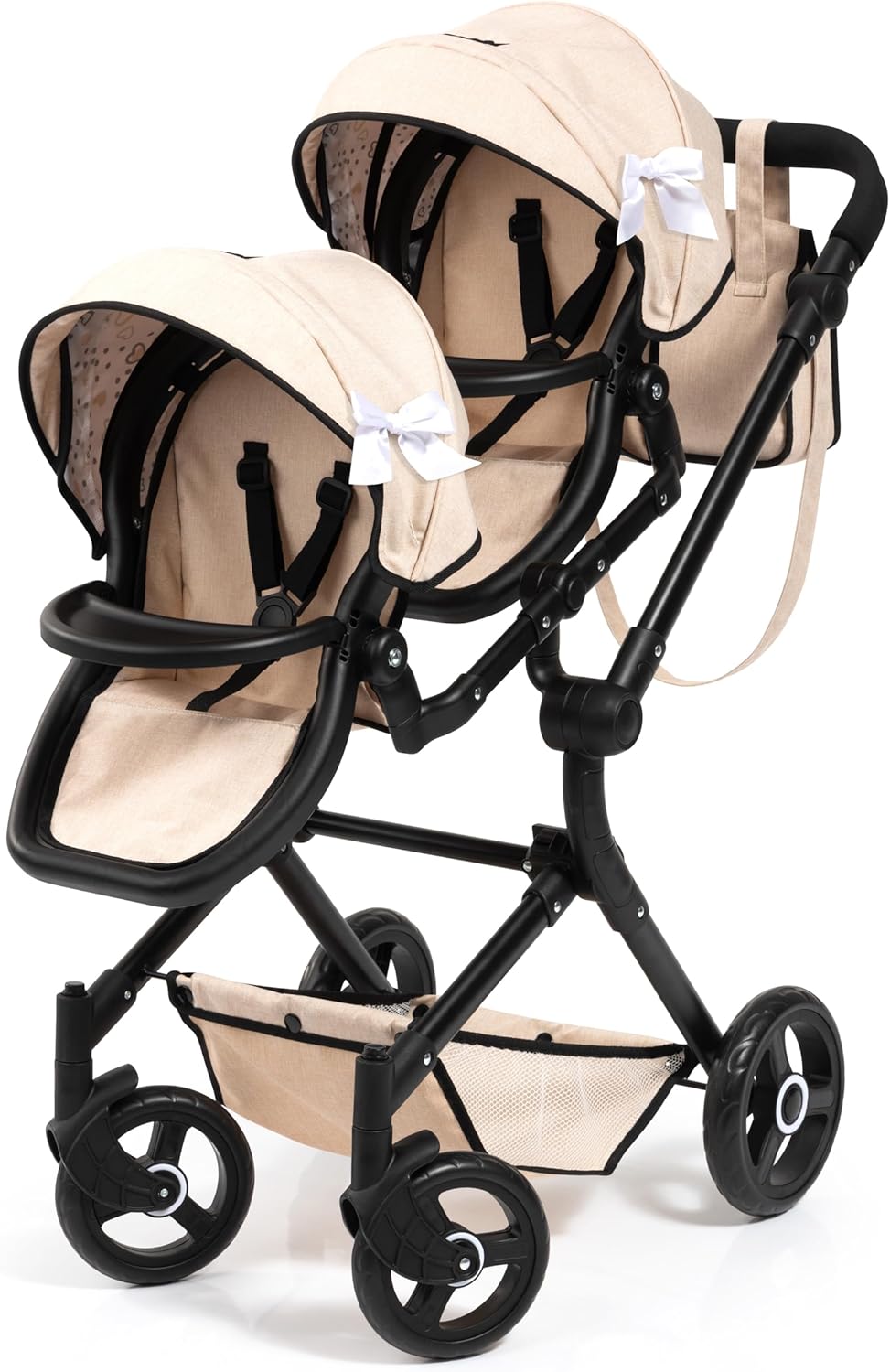 Bayer Design Twin Neo Doll Pram for 2 Dolls up to 18in, Foldable Toy Stroller, Adjustable Handle, Beige & Black