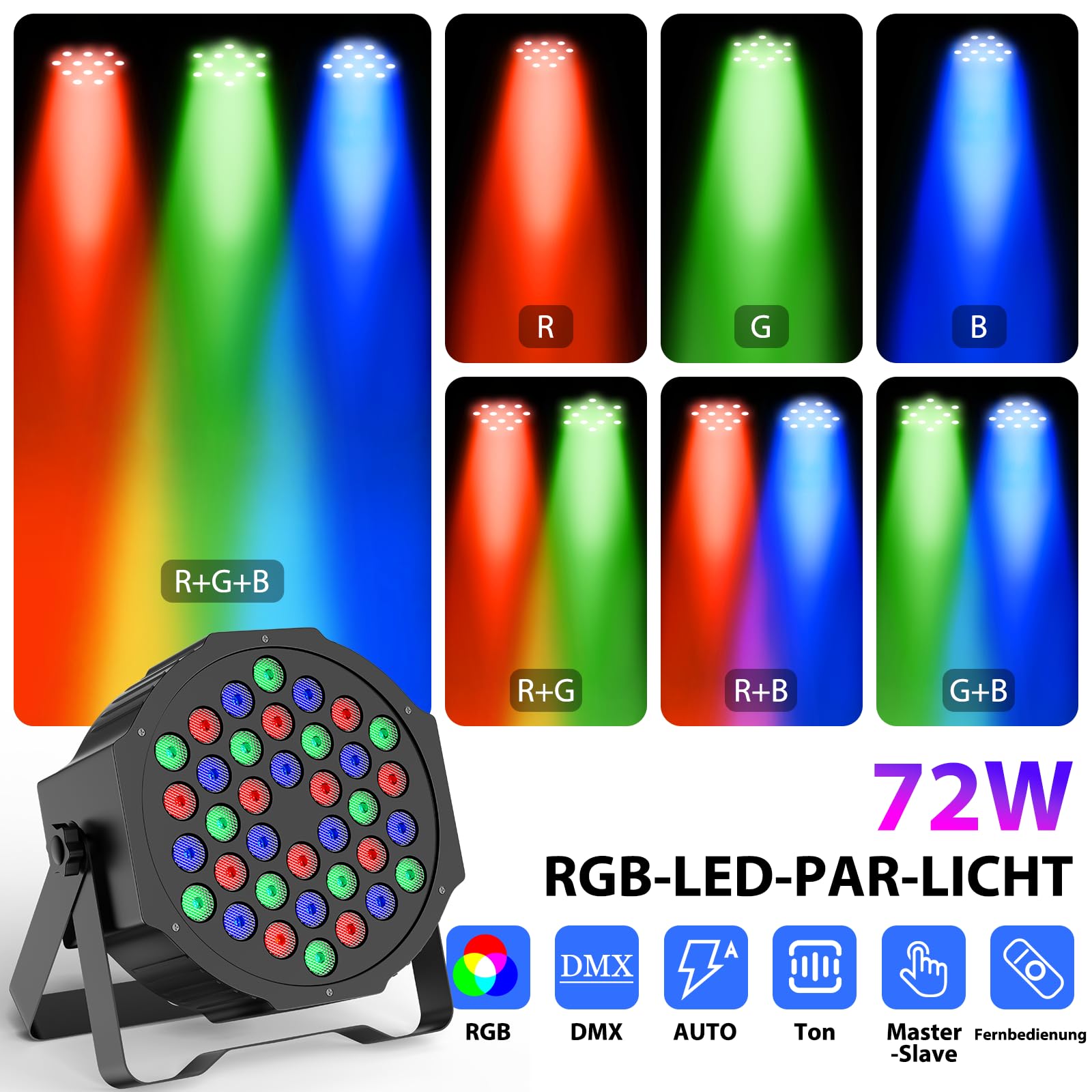 4PCS RGB LED Par Strahler, 72W Bühnenlicht mit Fernbedienung und DMX512, Discolicht Partylicht 9 Modi für Party Disco Bühne Hochzeit Weihnachten Event