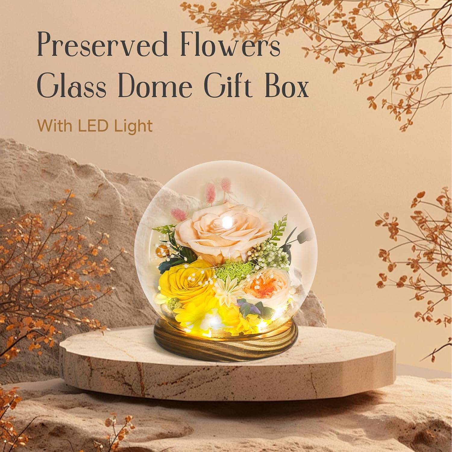 Preserved Flowers for Mom - Preserved Champagne Roses in Glass Dome with LED Light for Girlfriend, Eternal Real Flowers for Women, Unique Long-Lasting Gift to Celebrate Christmas (Prime Delivery)