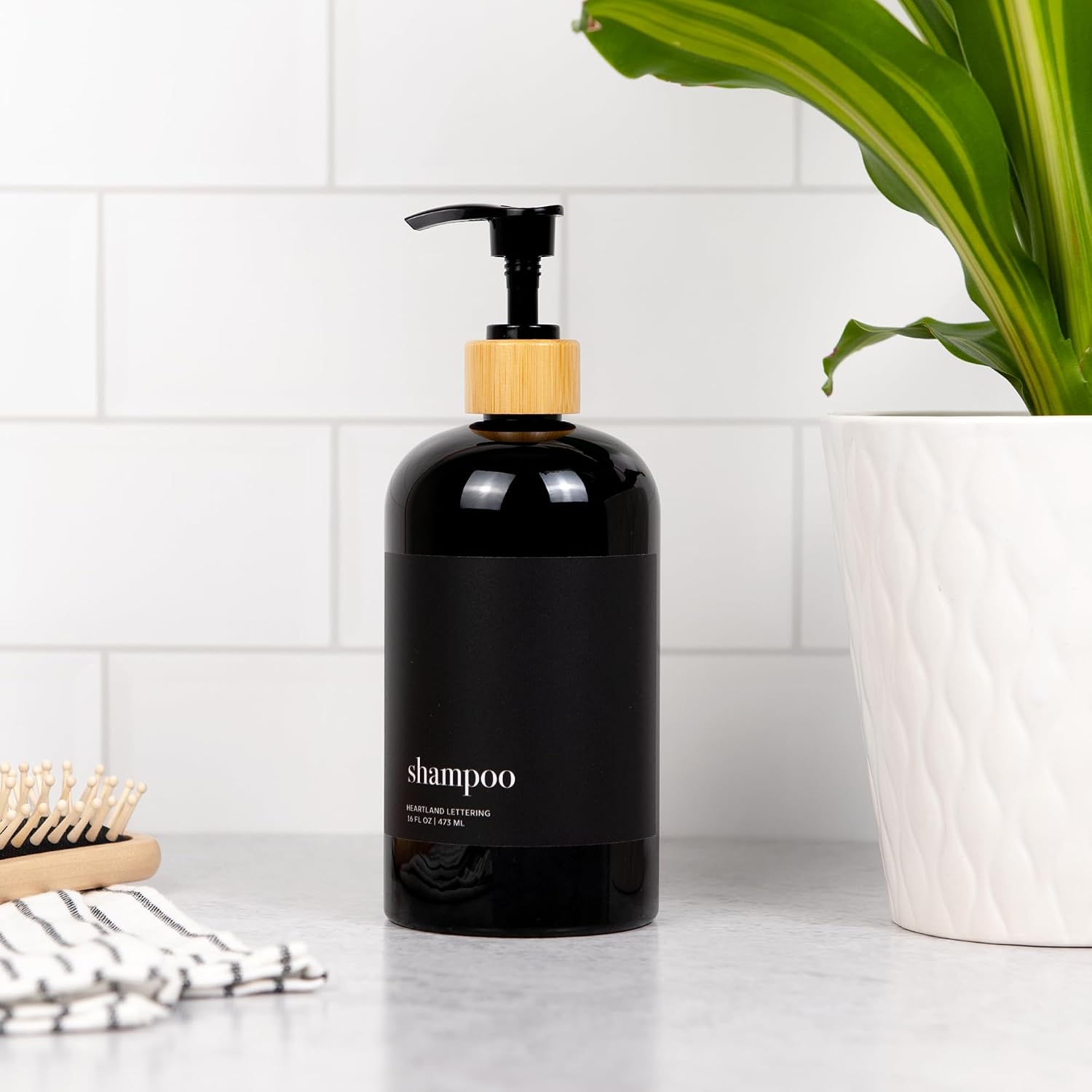 Heartland Lettering's Stylish Glossy Black Shampoo Dispensers with Matte Black Labels, Set of 3 Modern Shatterproof Plastic Bottles with Bamboo Pumps Instantly add Organization to Your Bathroom