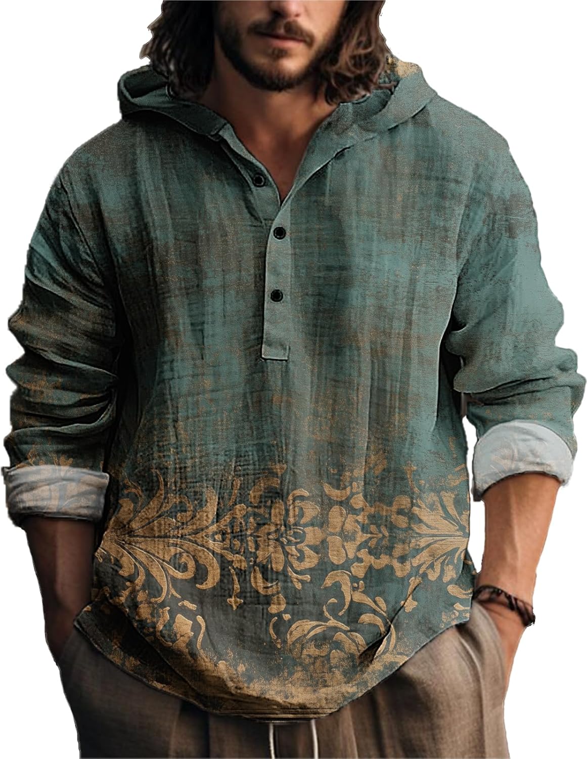 MARSVOVO Vintage Ethnic Men's Lightweight Hoodie Long Sleeve 3 Button Hooded Shirt Comfy Cool Daily Tops for Spring Fall