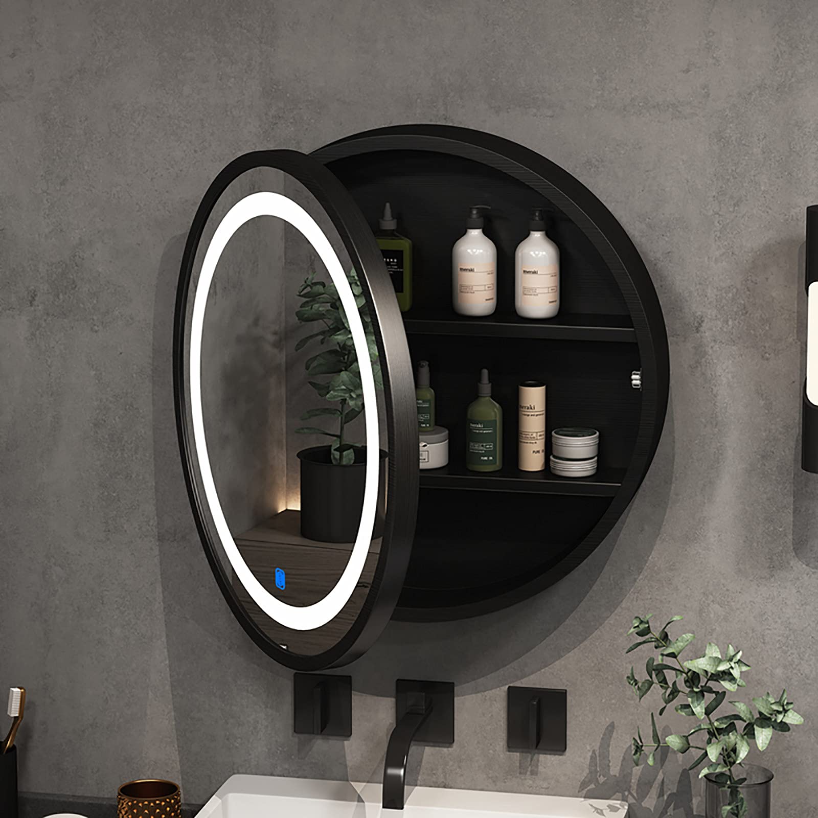 FGXHHS Solid Wood Round Bathroom Cabinet with Mirror, 60cm Cosmetic Mirror Storage, 2-Tier Shelves, Touch Button Anti-Fog LED Light, Stylish and Functional Design.
