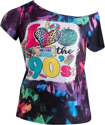 SFHFY 90s Outfit for Women 90s Theme Party Disco Shirt Vintage 80s Neon Off Shoulder Shirts Retro 90s Tops