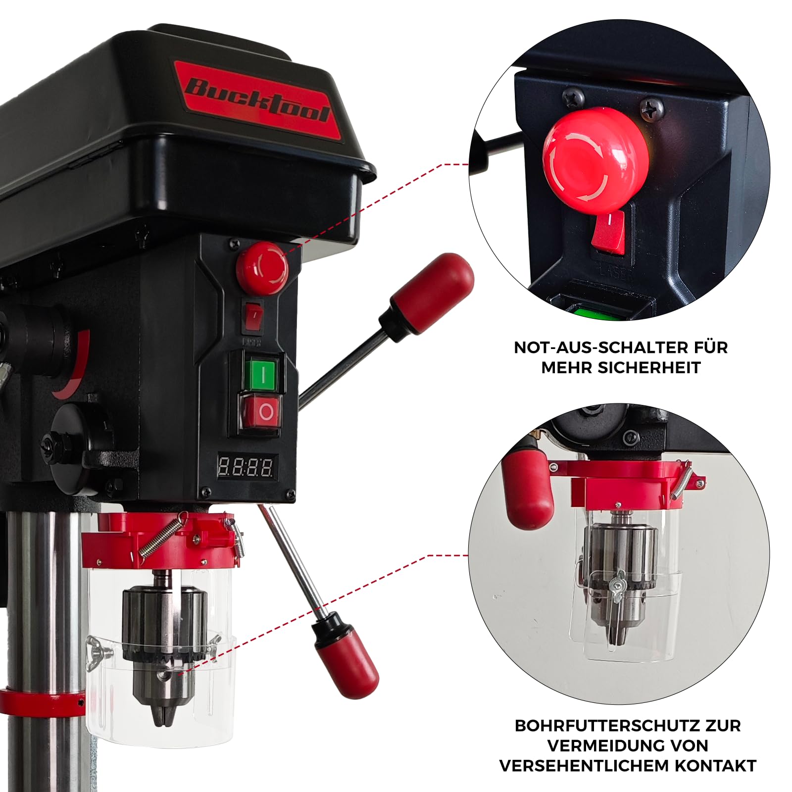 Bucktool 305 mm Tischbohrmaschine, 750 W Induktionsmotor, variable Drehzahl 440–2580 U/min, Säulenbohrmaschine mit Laser, Bohrtiefenanschlag und neigbarem Arbeitstisch für Metall, Holz und Kunststoff