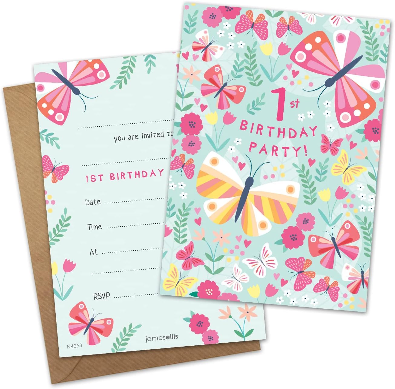 James Ellis Pack of 8 Children’s Butterfly Birthday Party Invitations Age 1 with Envelopes