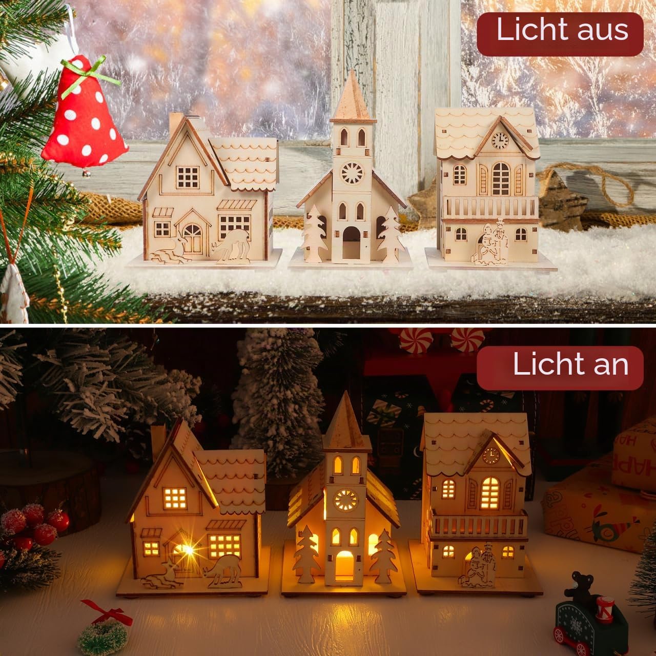 Gatuida Weihnachtsdorf mit Beleuchtung: 3 Stück Weihnachtshäuser mit Beleuchtung Leuchtende Holzhaus Deko Weihnachtsdorf Häuser Weihnachtsstadt Winterdorf für Weihnachten Tischdekoration Kaminsimse